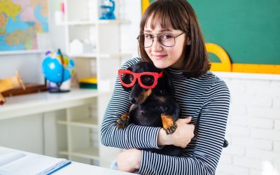 girl hanging in one of classrooms with dog