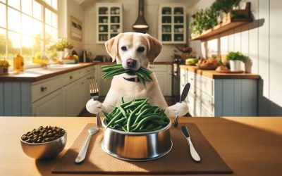 Realistic panoramic photo with dog with fresh green beans in mouth. Bowl in front of him contains eating from fresh green beans. Another bowl on the table includes kibble.