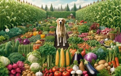 Dog standing in a garden, surrounded by a variety of unsafe vegetables: Asparagus, Broccoli, Corn, Eggplant, Mint, Potatoes, Radishes, Tomatoes, Onions, Garlic, Mushrooms and Rhubarb