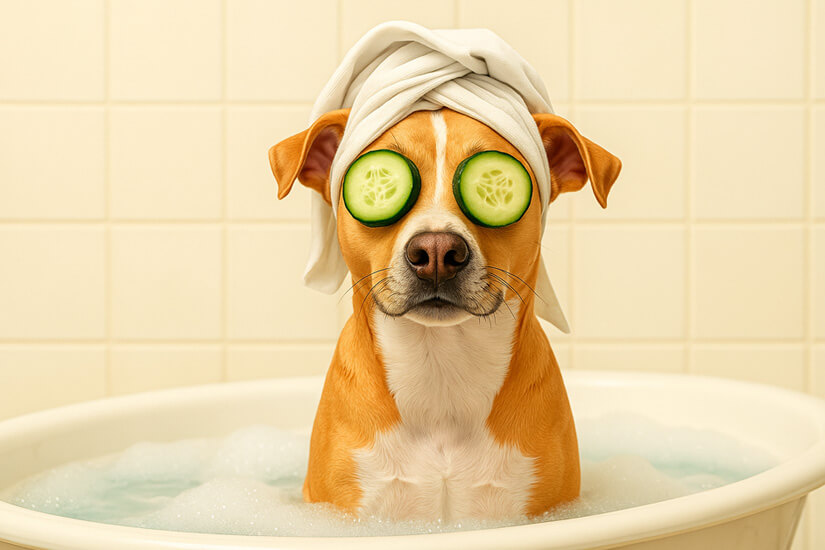 Dog enjoying a spa bath with towel turban and cucumber slices on eyes during the 50% OFF Bath Bonanza at Four-Legged Fun Zone in Everett, WA