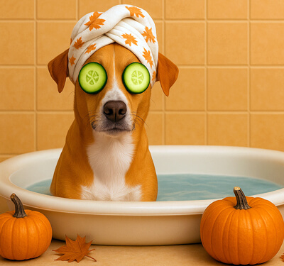 Dog in a spa bath wearing a towel with maple leaves and cucumber eye covers, surrounded by pumpkins for a fall-themed pumpkin spa package.
