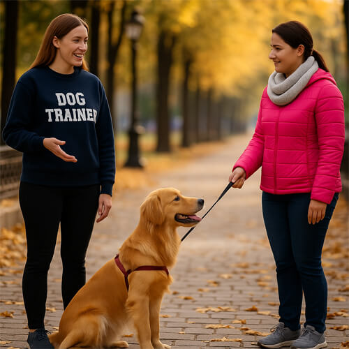 Dog trainer coaching an owner during a loose leash walking class in Everett, WA, with the Golden Retriever calmly sitting on leash as the owner holds it and the trainer provides guidance.