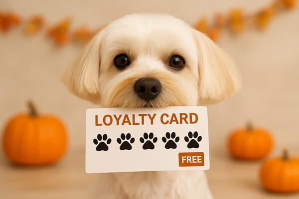 dog-grooming-loyalty-card-everett-wa Happy dog holding a grooming loyalty punch card in its mouth. The card displays five paw prints, with the 5th paw labeled “FREE,” representing Four-Legged Fun Zone’s loyalty program in Everett, WA