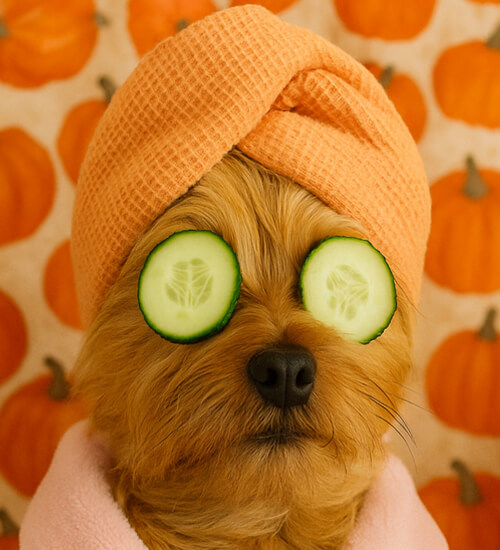 flfz-dog-grooming-special-everett-wa Small terrier dog wrapped in a peach towel with cucumber slices on its eyes, sitting in front of a pumpkin background. Seasonal spa-themed photo used for Four-Legged Fun Zone’s October dog grooming promotion in Everett, WA