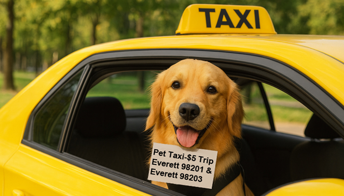 Golden Retriever sitting seat-belted in the back of a yellow taxi cab, symbolizing the Four-Legged Fun Zone pet taxi service in Everett, WA. Pet taxi rides are available for $5 per trip in Everett 98201 and 98203