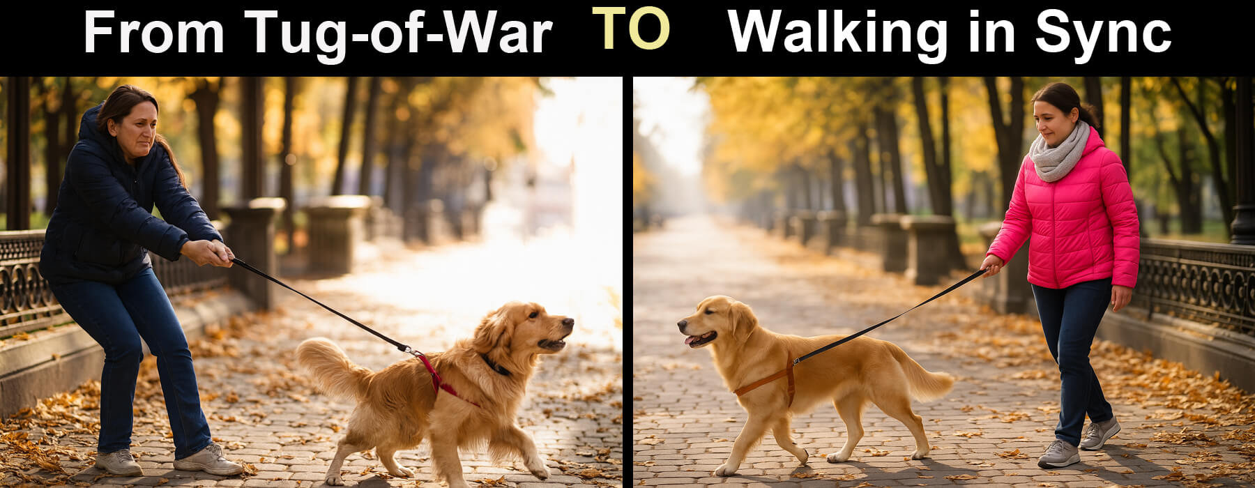 Before-and-after comparison of dog training: owner struggling with dog pulling on leash versus calm Golden Retriever walking loosely beside owner during loose leash walking class in Everett, WA