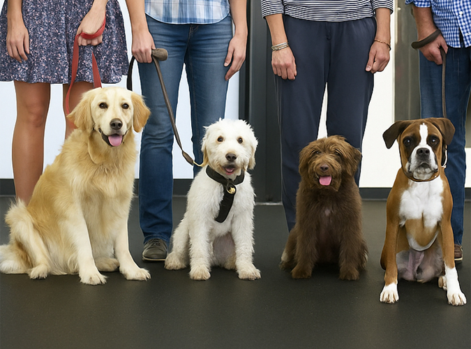Adult dogs of various breeds—including a Boxer, Labrador Retriever, Golden Retriever, and Poodle mix—sitting beside their owners during a group dog training class at Four-Legged Fun Zone in Everett, WA.