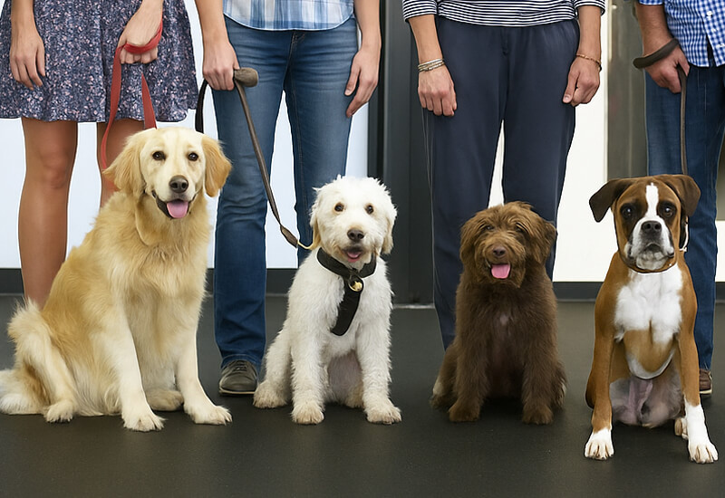 Adult dogs of various breeds—including a Boxer, Labrador Retriever, Golden Retriever, and Poodle mix—sitting beside their owners during a group dog training class at Four-Legged Fun Zone in Everett, WA.