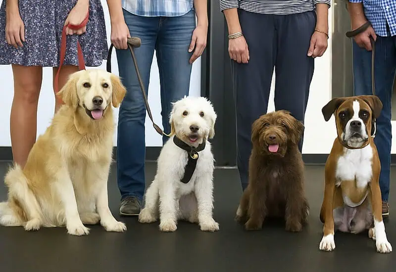 Adult dogs of various breeds—including a Boxer, Labrador Retriever, Golden Retriever, and Poodle mix—sitting beside their owners during a group dog training class at Four-Legged Fun Zone in Everett, WA.