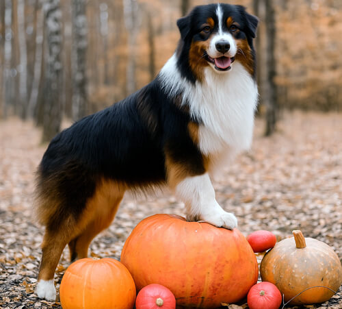 australian-shepherd-dog-playgroup-everett-wa Full-grown Australian Shepherd posing with pumpkins in a fall forest during the Thankful Tails Social dog playgroup at Four-Legged Fun Zone in Everett, WA. Representing the medium dog playgroup in a warm autumn setting.
