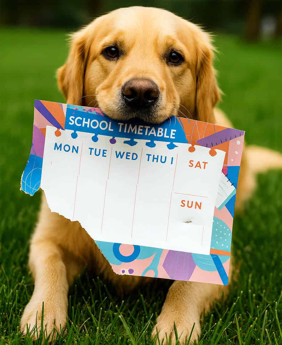 A golden retriever proudly holds a colorful, partially torn school calendar in its mouth while sitting on green grass. The calendar tear starts from the “S” in “School” and leaves the Saturday and Sunday columns fully visible — symbolizing Four-Legged Fun Zone’s new weekend dog grooming hours in Everett, WA