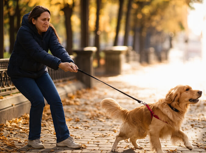 Woman struggling to hold a pulling Golden Retriever on leash during a loose leash walking training session in Everett, WA