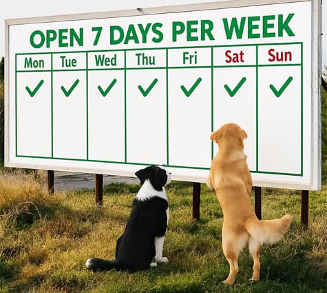 A photograph of two dogs looking at a large outdoor sign showing a weekly schedule labeled “OPEN 7 DAYS PER WEEK,” highlighting Saturday and Sunday in red to promote weekend dog grooming availability at Four-Legged Fun Zone in Everett, W