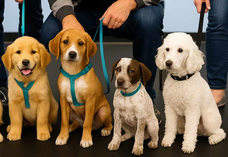 puppies of different breeds—including a Labrador, Golden Retriever, Boxer, White Setter, and White Poodle—sitting with their owners during a puppy training class at Four-Legged Fun Zone in Everett, WA