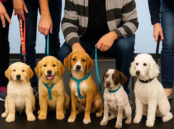 Four puppies of different breeds—including a Golden Retriever, Boxer, White Setter, and White Poodle—sitting with their owners during a puppy training class at Four-Legged Fun Zone in Everett, WA