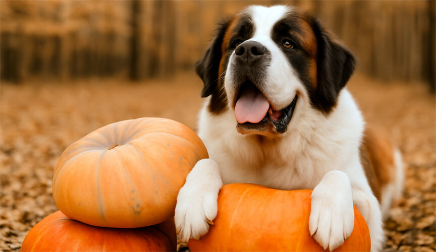 saint-bernard-dog-fall-pumpkin-playgroup-everett-wa-h Full-grown Saint Bernard surrounded by pumpkins in a fall setting during the Thankful Tails Social dog playgroup at Four-Legged Fun Zone in Everett, WA. Captured in warm autumn light, representing the large dog playgroup.