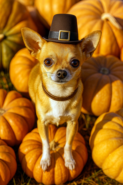 thankful-tails-dog-playgroup-chihuahua-pilgrim-hat-four-legged-fun-zone-everett-wa Chihuahua wearing a small pilgrim hat sitting among pumpkins during the Thankful Tails Dog Playgroup at Four-Legged Fun Zone in Everett, WA, celebrating a festive Thanksgiving-themed dog event