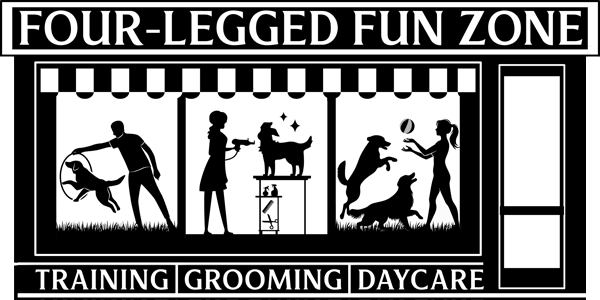 Four-Legged Fun Zone logo featuring playful dog silhouettes, representing dog daycare, grooming, and training services in Everett, WA.