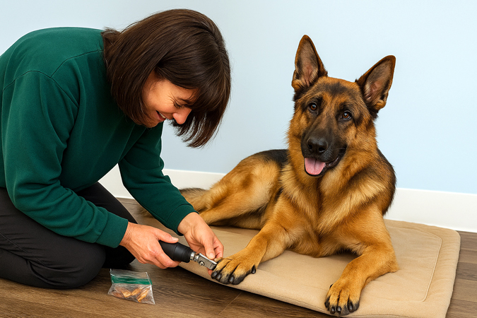 A brown-haired woman gently trims a German Shepherd’s nails while the relaxed dog lies calmly on a cushioned mat at Four-Legged Fun Zone in Everett, WA, during a nail-trim session.