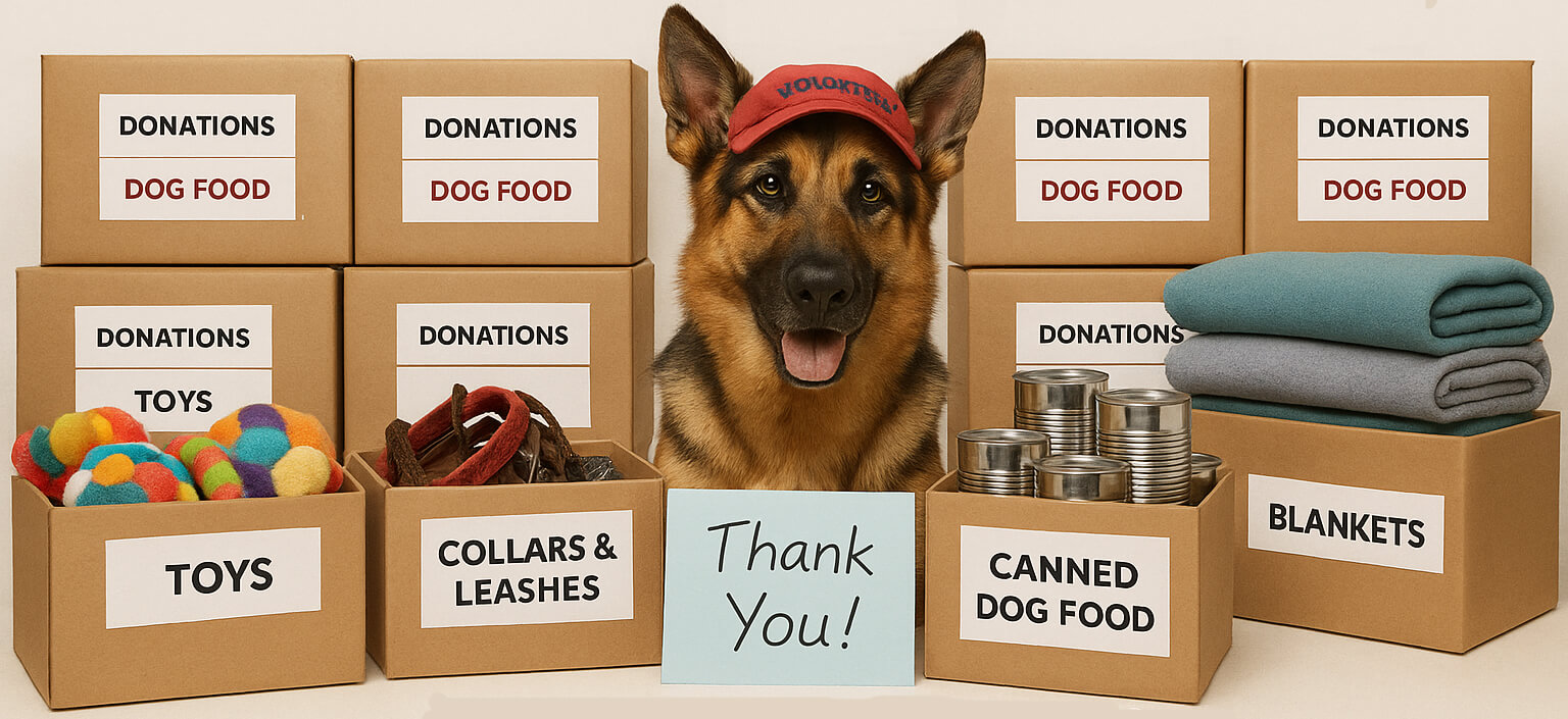 German Shepherd wearing a red volunteer cap sits behind donation boxes labeled for dog food, toys, collars, and blankets during the Howlidays Donation Drive — a holiday pet food collection at Four-Legged Fun Zone in Everett, WA, benefiting Washington German Shepherd Rescue.