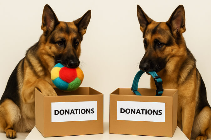 Two German Shepherd dogs participate in a holiday donation drive at Four-Legged Fun Zone in Everett, WA—one dropping a colorful toy into a box labeled “Dog Toys” and the other placing a bright collar into a box labeled “Collars & Leashes” during the Howlidays pet supply drive benefiting Washington German Shepherd Rescue.
