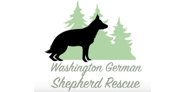 Washington German Shepherd Rescue logo with a silhouette of a German Shepherd in front of evergreen trees, symbolizing their mission to rescue and rehome German Shepherds across Washington State.
