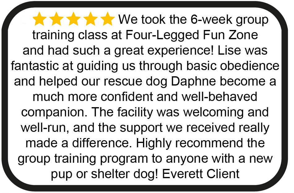 Five-star review for Four-Legged Fun Zone’s 6-week adult dog training class in Everett, WA praising trainer Lise and improved confidence in a rescue dog.