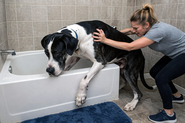 Owner struggling to get a large dog into a bathtub at home as the dog resists bath time