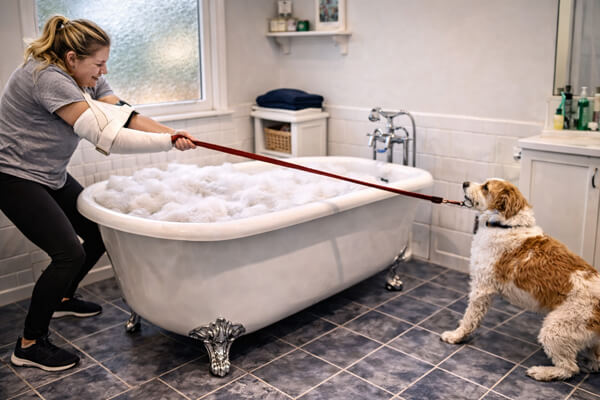 Owner with an arm injury struggling to pull a dog into a bathtub, showing how physical limitations make dog bathing difficult at home